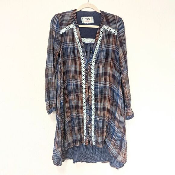 Holding Horses Anthropologie Navy & Orange Plaid Lace Trim High Low Dress XS - Picture 1 of 8